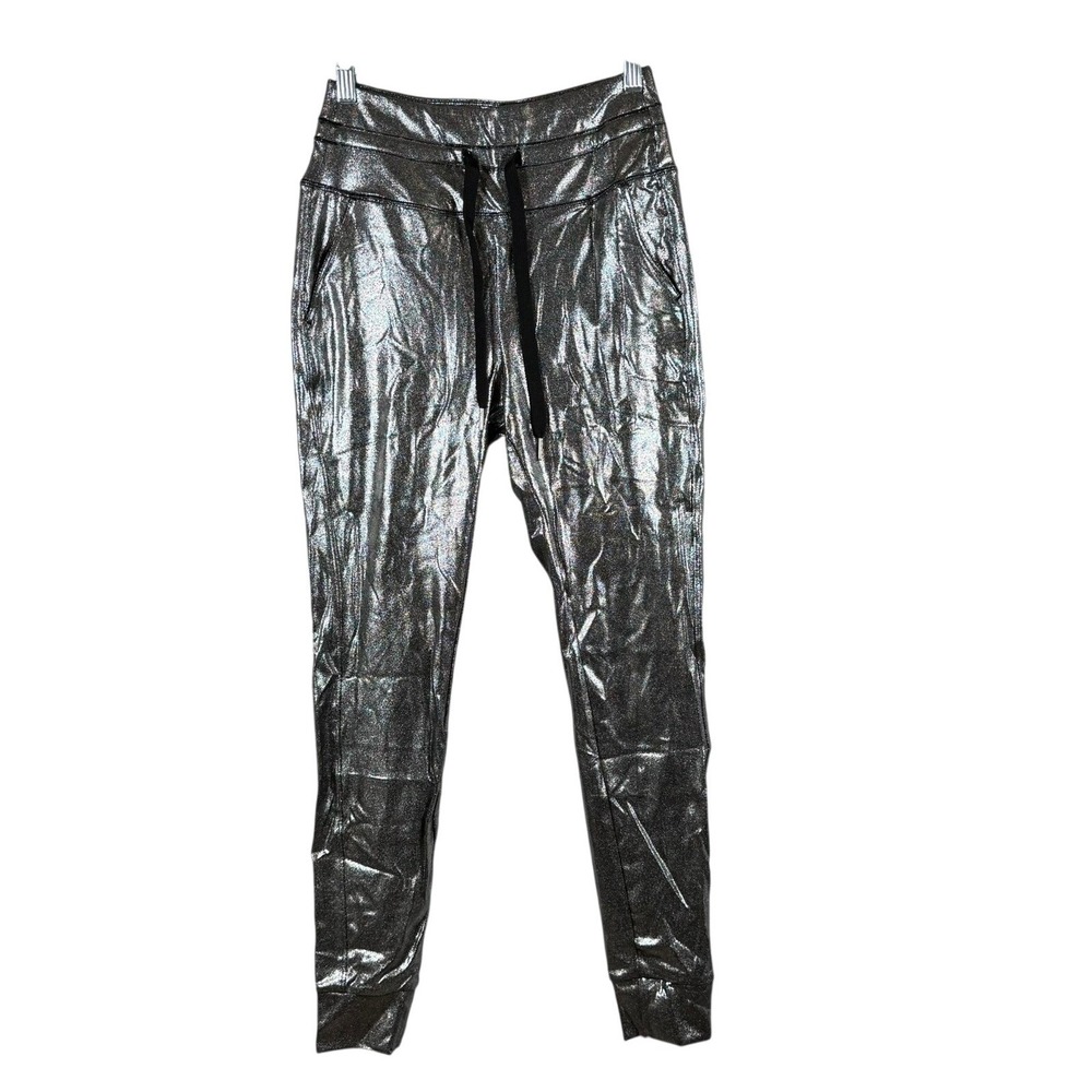 Halara Womens S Black Silver Metallic Joggers High Rise Sparkle Disco Rave 7WP4K